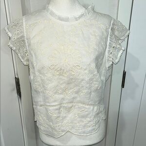 Anthropology White Eyelet Lace Women's Top ruffle tieback open summer party